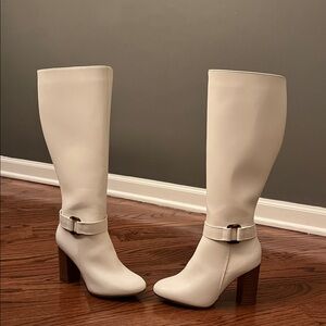 Brand new white ANDREA Cream Heeled knee high Boots